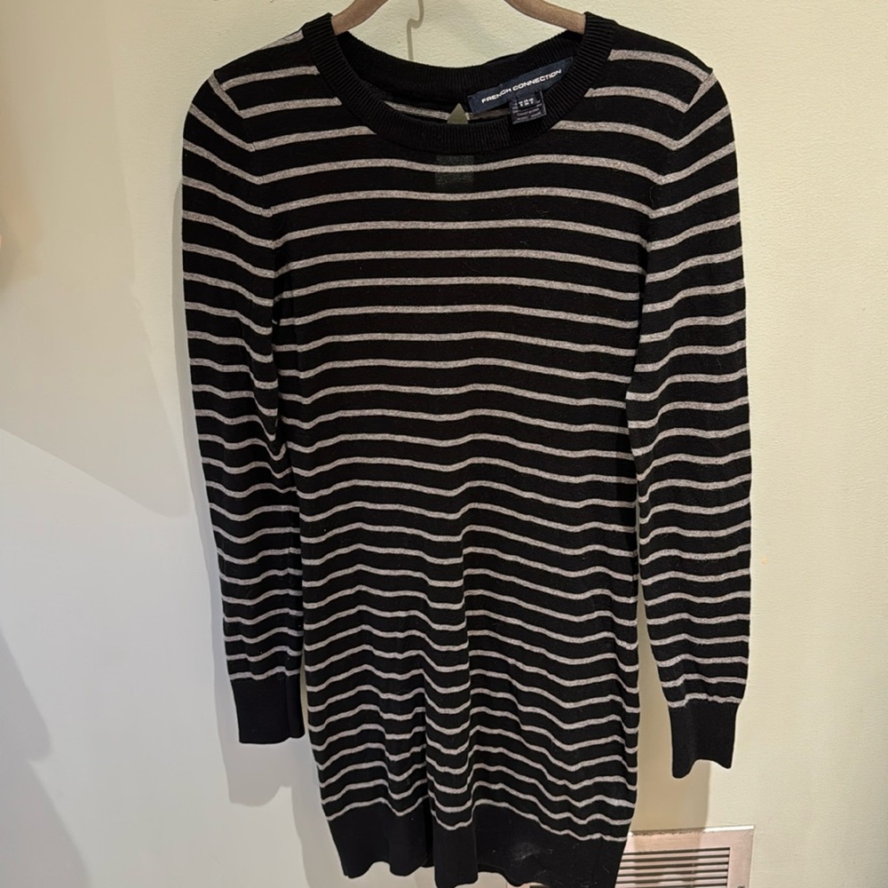 French Connection black and grey striped sweater dress with bows on back. EUC